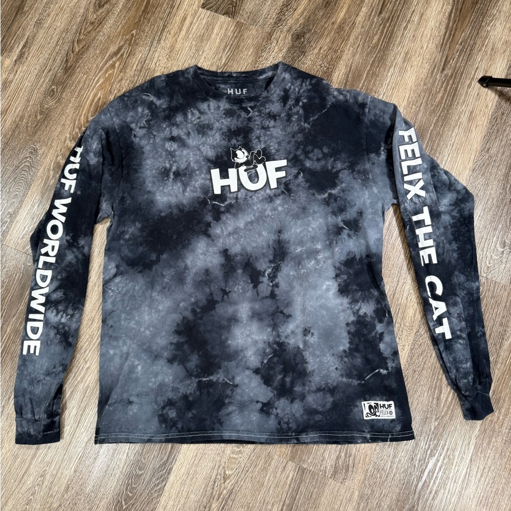 HUF t-shirt Men sz:M Black Tie Dye Felix the Cat‎ Grunge Skater Y2K Punk HipHop